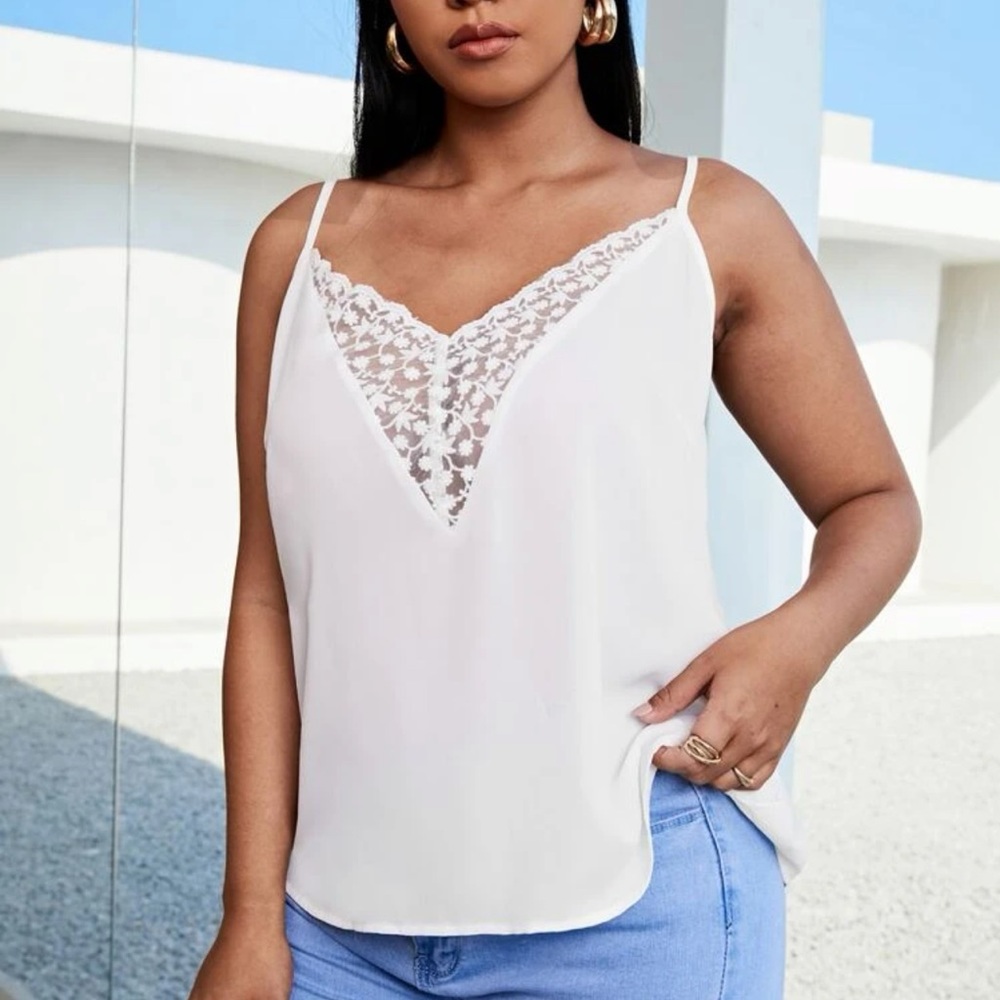 Lace v neck cami tank top navy blue Boho minimalist business casual - Picture 3 of 9